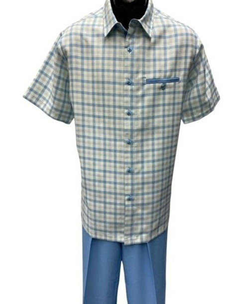 Dreams Mens Powder Blue/ Off White Plaid Pattern 2 pc.Short Sleeved Summer Set Chico 283-21