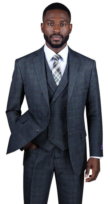 Vinci 1920s Charcoal Square Plaid Mens Suit 3 Piece DB Vest Vinci V2RW-13 