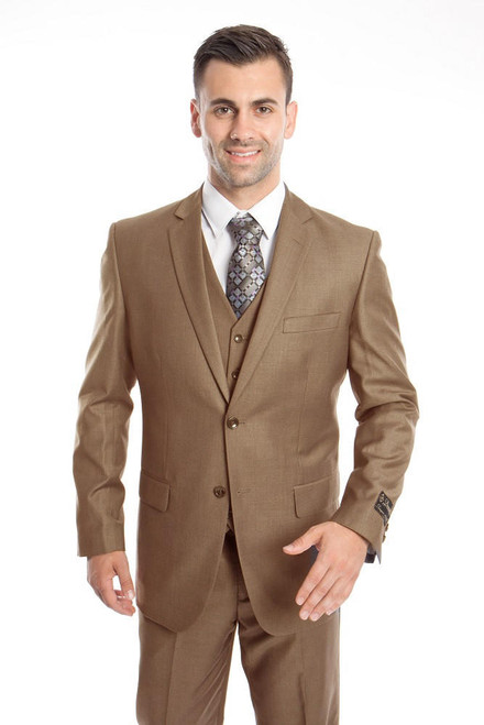  Three Piece Vested Suit Mens Solid Dark Taupe Modern Fit Tazio M302-33 