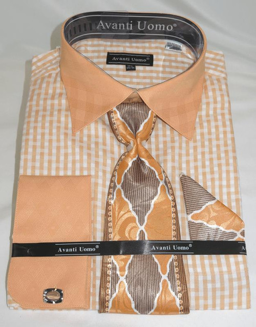  Avanti Peach Zig Zag Pattern Mens Dress Shirt Tie Hanky Combo DN76M 