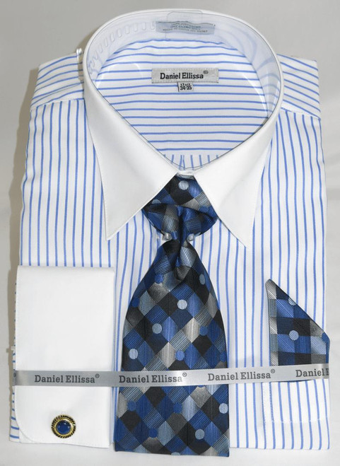  French Cuff Shirt and Tie Set Blue Stripe White Collar DS3814P2 