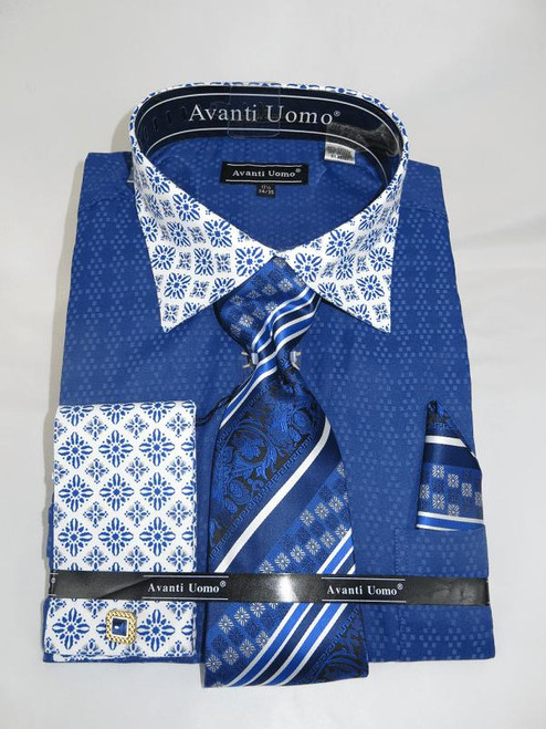  Avanti Uomo Blue Men's Tiling Pattern Tie Hanky Set DN69M 