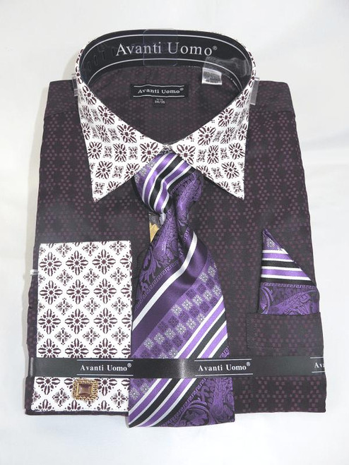 Avanti Uomo Dress Shirt Tie Hanky Set Purple Unique Pattern DN69M 