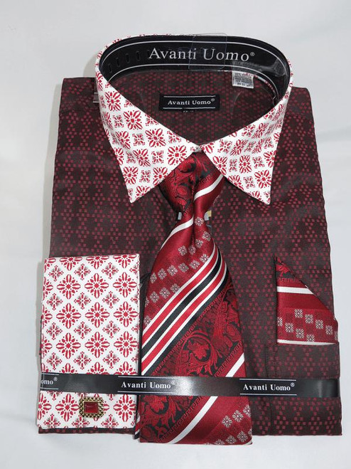  Avanti Uomo Red Mens Tiling Pattern Shirt Tie Set DN69M 