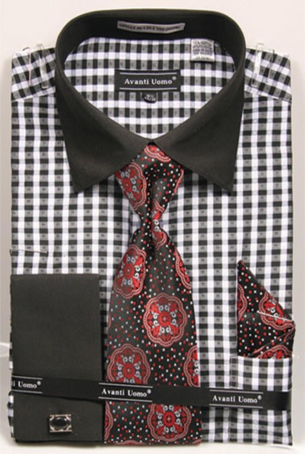  Avanti Mens Black Gingham Pattern French Cuff Shirt Tie Combo DN70M 