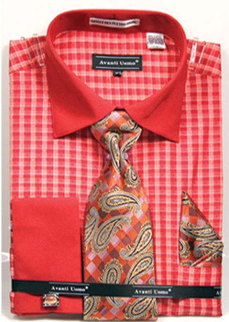  Avanti Mens Coral Gingham Pattern French Cuff Shirt Tie Combo DN70M 