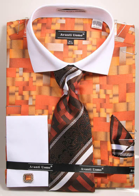  Avanti Mens Orange Geometric Dress Shirt Tie Sets DN71M 