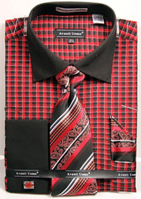  Avanti Mens Red Gingham Pattern Dress Shirt Tie Combo DN70M 