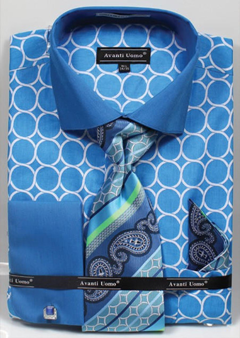  Avanti Mens Turquoise Circle French Cuff Dress Shirt Tie Set DN68M 