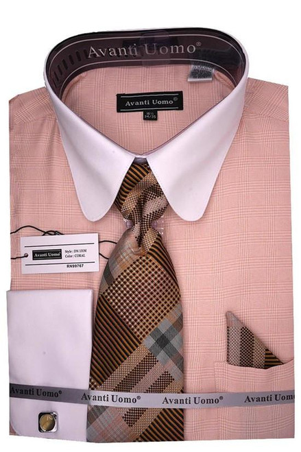  Avanti Mens Coral Plaid French Cuff Dress Shirt Set Round Collar DN131M 