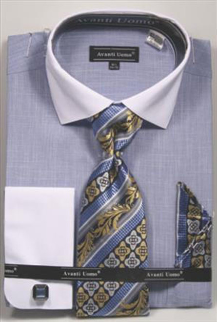  Avanti Uomo Blue Heather White Collar Dress Shirt Tie Combo DN73M 