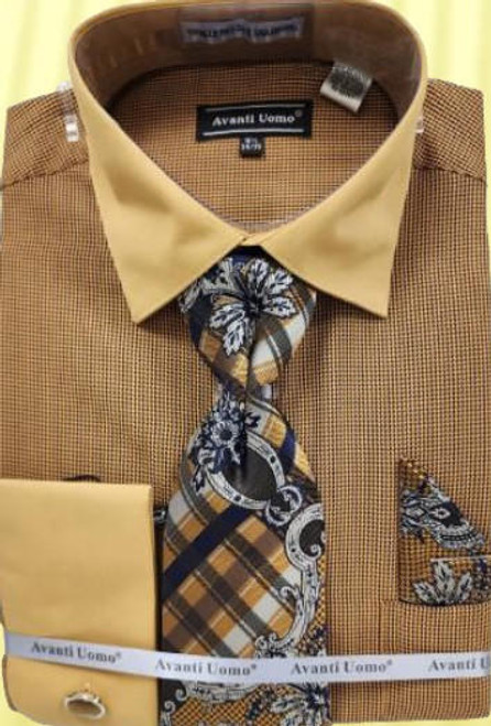  Avanti Uomo Mens Dress Shirt Set Mustard French Cuff DN130M 