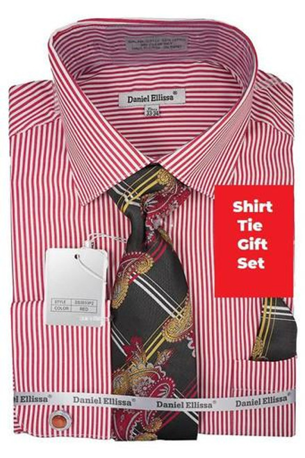  Mens French Cuff Shirt Tie Pocket Square Gift Set Red DS3833 Size 18.5 36/37 Final Sale 