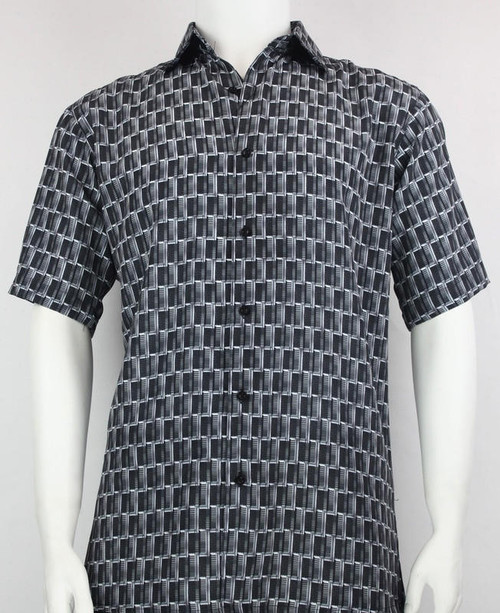 Bassiri Mens Short Sleeve Black Square Microfiber Shirt 3916   Bassiri Mens Short Sleeve Black Square Microfiber Shirt 3916