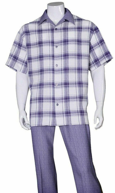  Men's Walking Suit Short Sleeve Purple Plaid Fortino 2972 