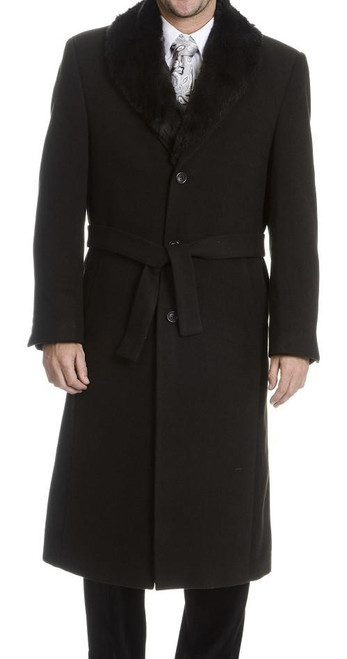 Topcoat - Manzini Mens Black Fur Collar Wool Overcoat Belted Double  Breasted MZW322