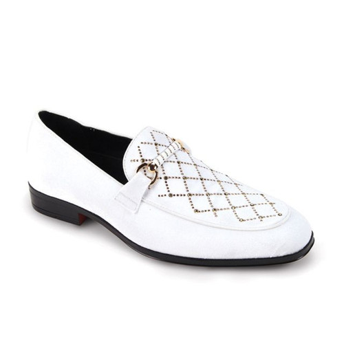 Mens White Gold Velvet Designer Decorated Loafers Slip On Val