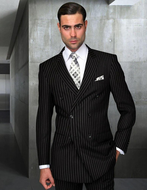  Statement Men's Black Stripe Wool Suit Double Breasted DBZarelli Size 50R Final Sale 
