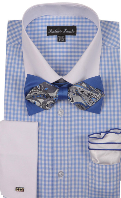 Milano Mens Lavender Check French Cuff Bow Tie Shirt Set FL628