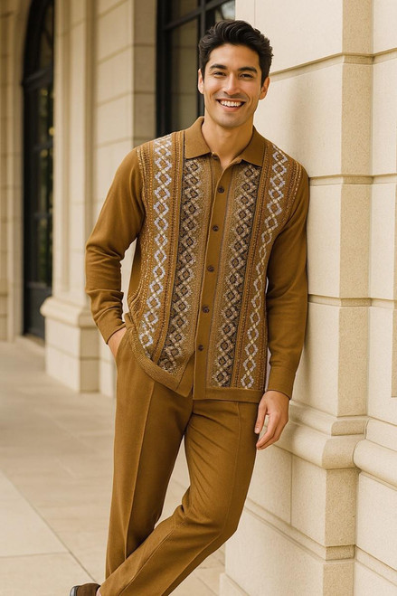  Silversilk Men's Fall Knit Front Shirt Pants Set Taupe 14010 