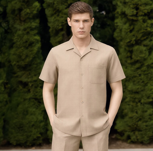Dreams Mens Sand Beige Patterned Short Sleeve Walking Suit Skipper 265-33