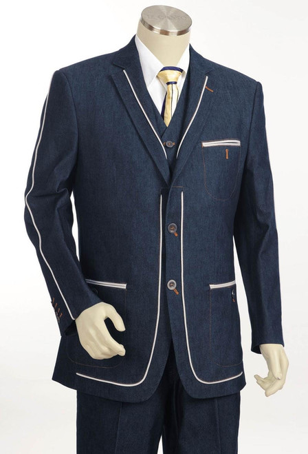  Canto Fancy Trim 3 Piece Denim Suit Blue 8352 