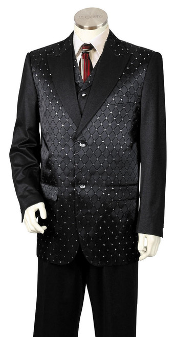  Canto Mens Black Diamond Pattern Vested Exotic Fashion Suit 8368 