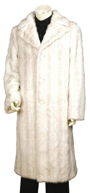  Canto Mens Off White Faux Fur Overcoat Full Length F010 