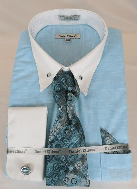  Collar Bar Shirt Men Aqua White French Cuff Tie Set DS3810 