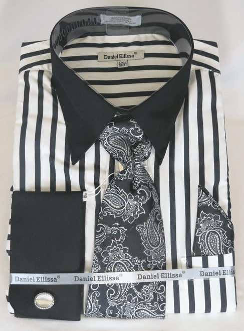 Black White Stripe Shirts with Ties French Cuff DE DS3807P2