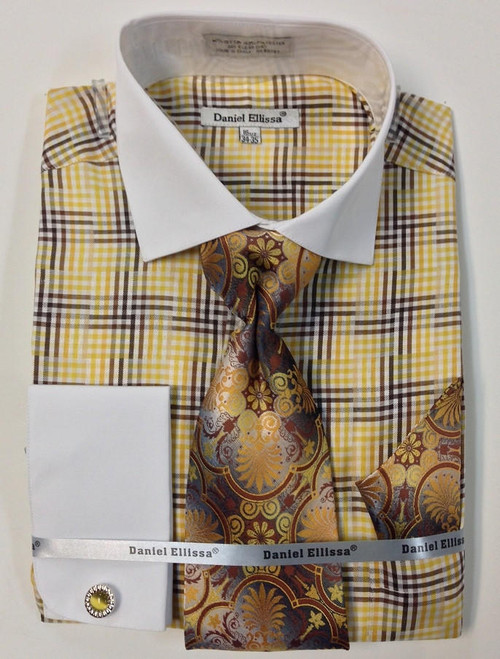  Daniel Ellissa Mustard Cross Plaid French Cuff Shirt Tie Set DS3774P2 