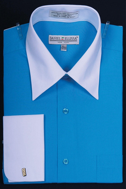  French Cuff Dress Shirt Turquoise White Contrast Collar DS3006WT 