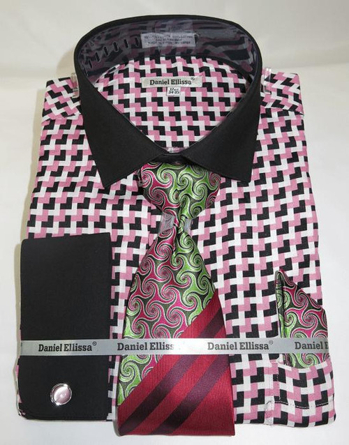  Daniel Mens Pink Corner Pattern French Cuff Dress Shirt Tie Set DS3788P2 