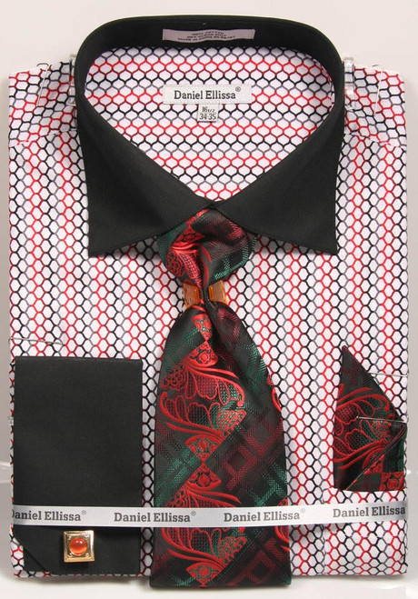 Daniel Ellissa Mens Black Red Link French Cuff Dress Shirt Tie Set DS3794P2 