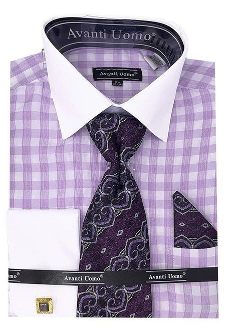  Mens Lilac Ginham Dress Shirt Set French Cuff Avanti DN106M 