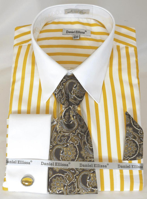  French Cuff Dress Shirt with Tie Combo White Gold Stripe DS3813P2 
