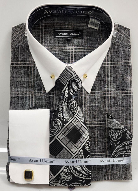  Men's Black Square Plaid Collar Bar Shirt Flip Cuffs Matching Tie Set DN135M 