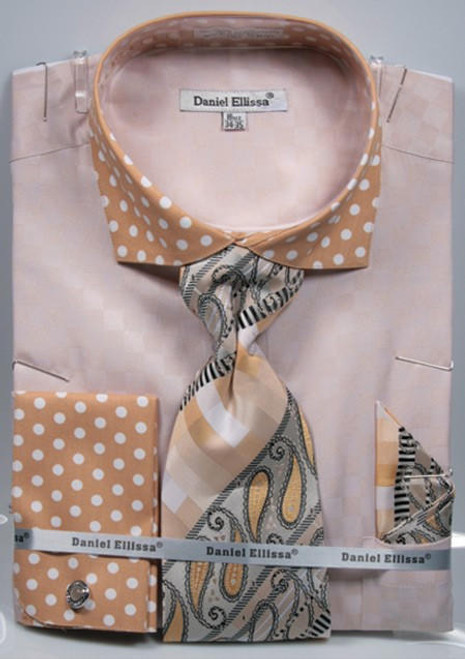  DE Men's French Cuff Dress Shirts Sand Beige Polka Dots Tie Combo DS3780P2 