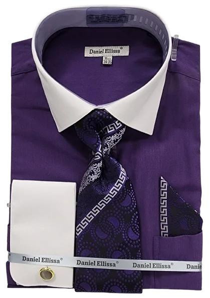  Mens French Cuff Two Tone Shirt With Tie Set Purple DS3825P2 