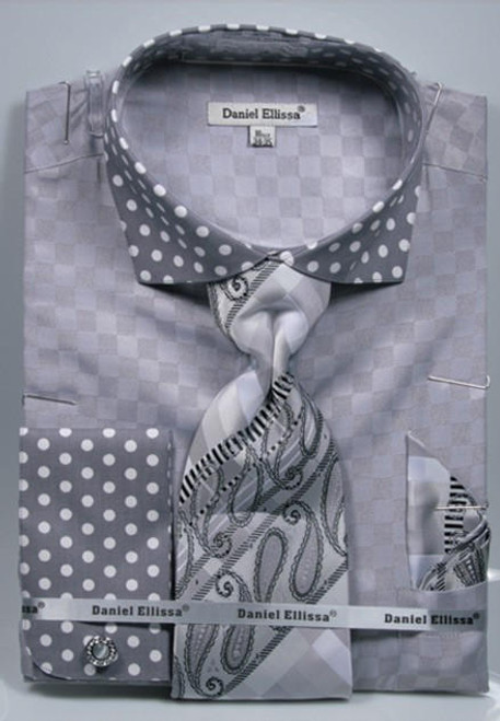  DE Men's French Dress Shirts Gray Dot Collar Cuffs Tie Combo DS3780P2 