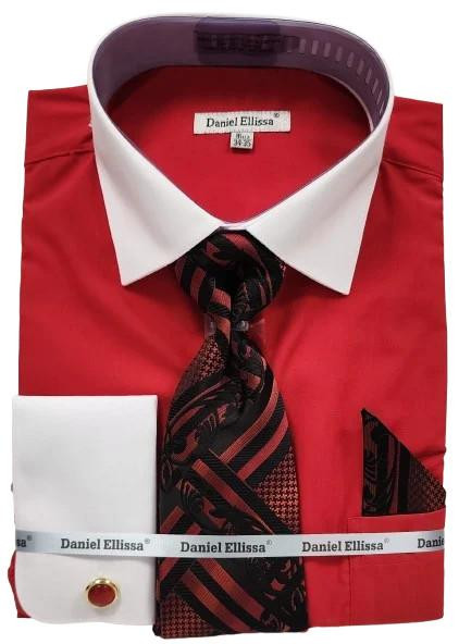  Mens French Cuff Two Tone Shirt With Tie Set Red DS3825P2 