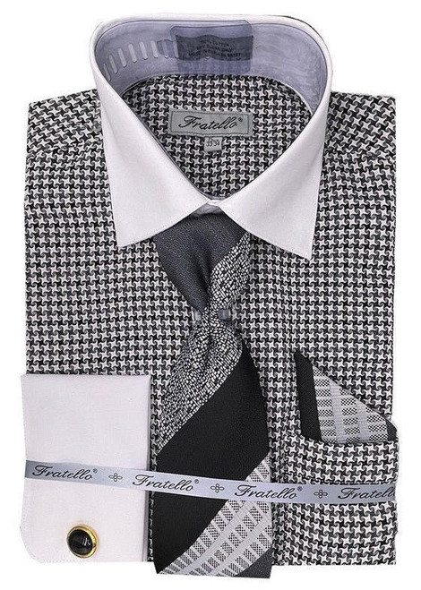  DE Mens Black Houndstooth Dress Shirt French Cuff Tie with Handkerchief Set FRV4157P2 