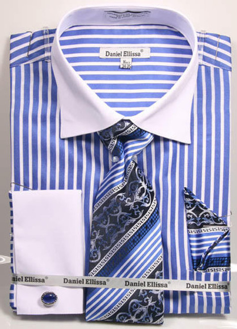 DE Mens Royal Verticle Stripe French Cuffed Dress Shirt Tie Set DS3787P2 Size 16.5 Final sale DE Mens Royal Verticle Stripe French Cuffed Dress Shirt Tie Set DS3787P2 Size 16.5 Final sale