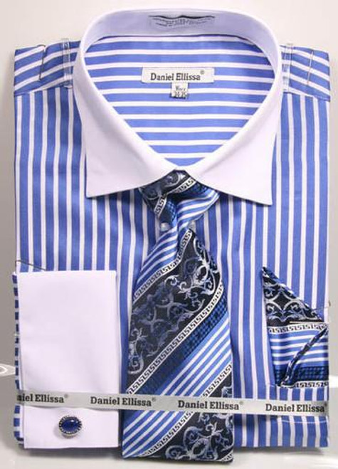  DE Mens Royal Verticle Stripe French Cuffed Dress Shirt Tie Set DS3787P2 Size 16.5 Final sale 