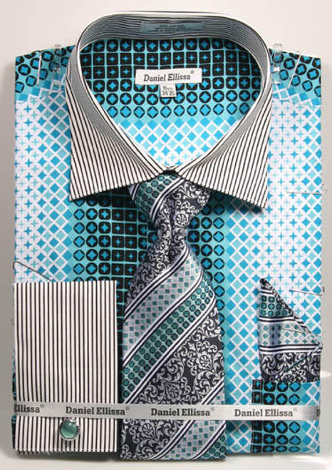  DE Mens Teal Geo Style French Cuff Dress Shirt Tie Set DS3786P2 