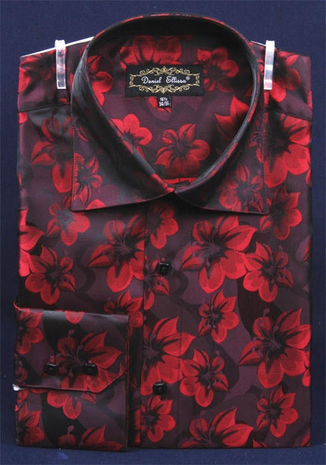 Mens High Collar Shirts Flashy DE Burgundy Shiny Floral Design FSS1402 