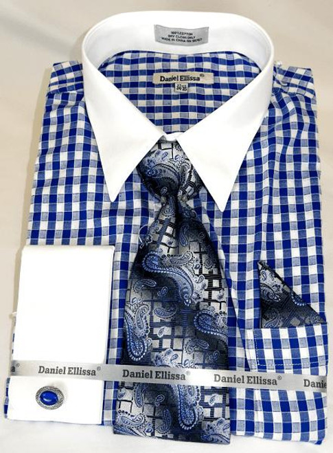  Dress Shirt Men Royal Blue White Plaid French Cuff Tie DS3811 