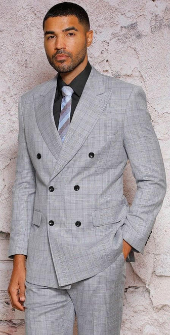  Manzini Double Breasted Suit for Men Gray Windowpane Modern Fit Roxbury 