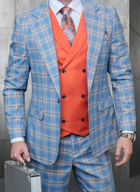 Statement Men's Wool Plaid Suit Blue DB Vest Tailored Fit Sunset 