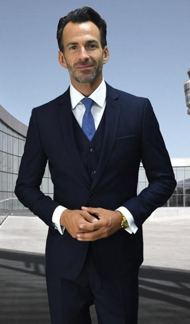  Statement Men's Navy 3 Piece Slim Fit Suit with Vest Lorenzo 